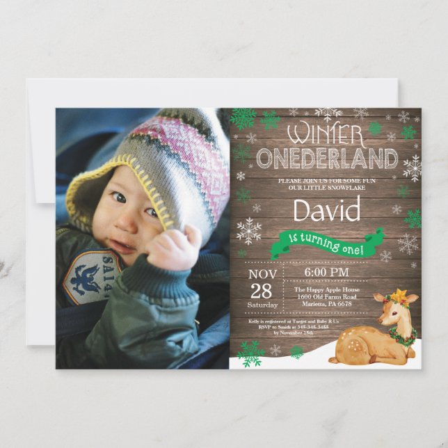 Convite Rustic Winter Onederland Deer primeiro aniversario (Frente)