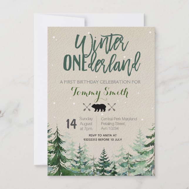 Convite Rustic Winter onederland First BIRTHDAY (Frente)