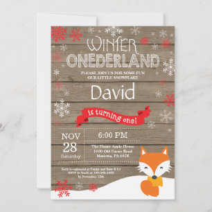 Convite Rustic Winter Onederland Fox 1st Birthday