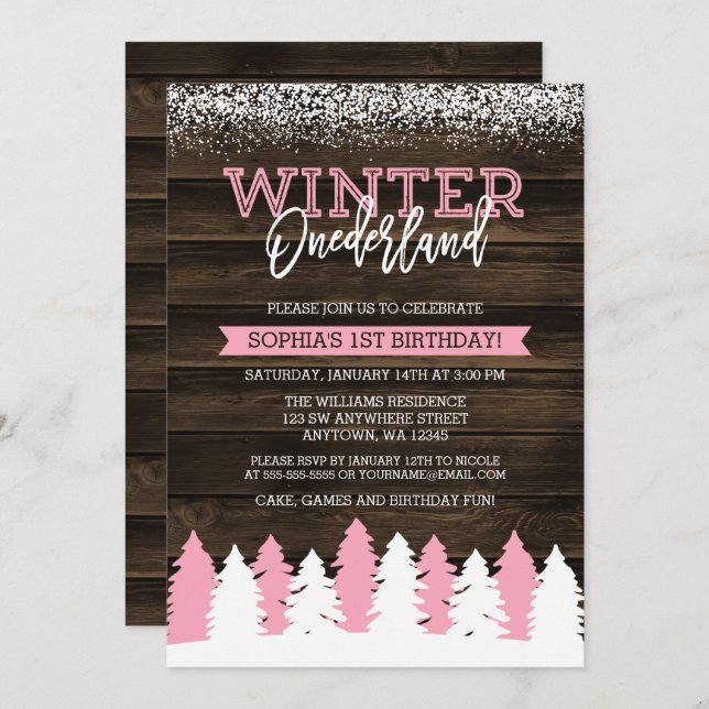 Convite Rustic Winter Onederland Pink primeiro aniversario (Frente/Verso)