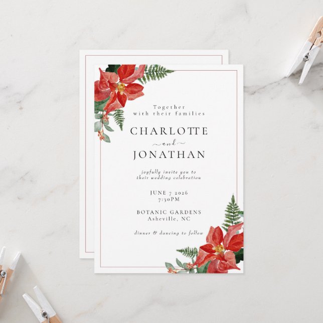 Convite Rustic Winter Poinsettia Red Christmas Wedding (Frente/Verso In Situ)