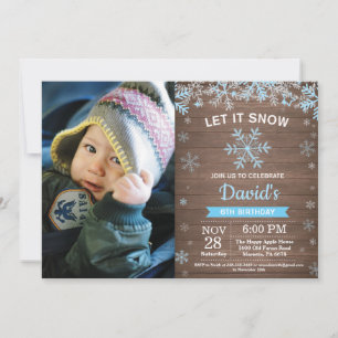Convite Rustic Winter Snowflake Blue Silver Boy Aniversári