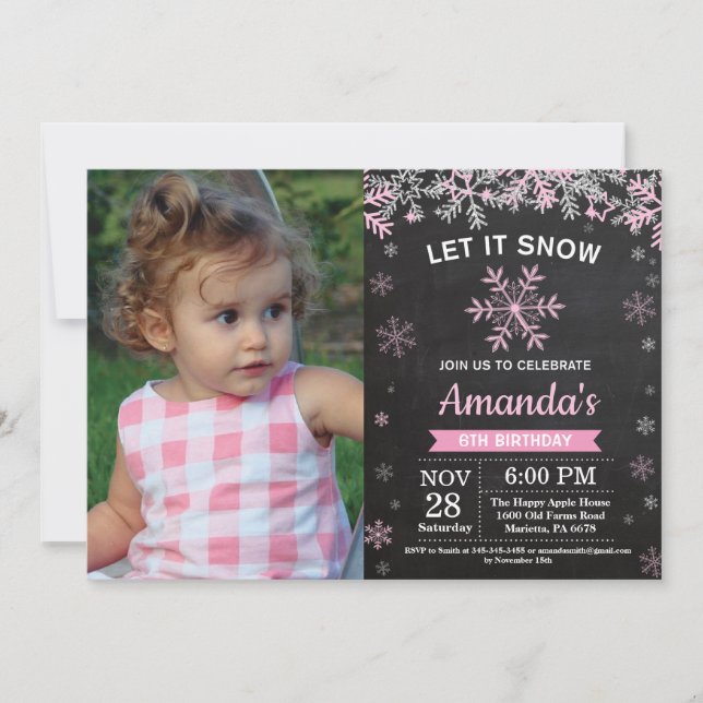 Convite Rustic Winter Snowflake Pink Silver Girl Aniversár (Frente)