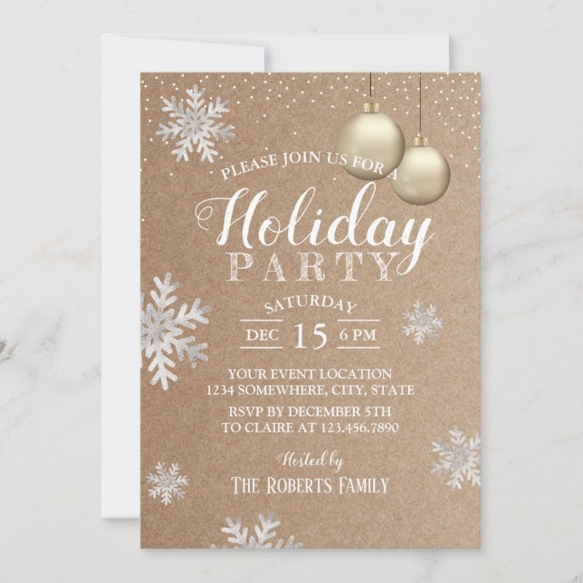 Convite Rustic Winter Snowflakes Foliday Party Kraft (Frente)