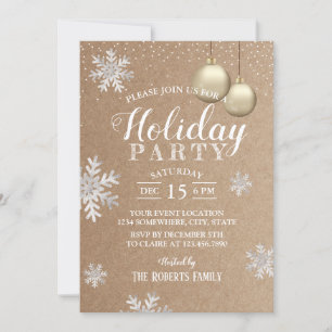 Convite Rustic Winter Snowflakes Foliday Party Kraft