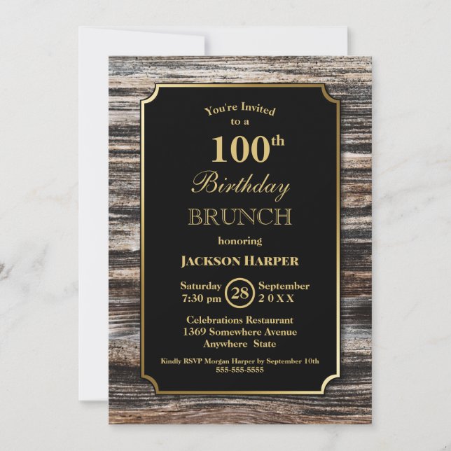 Convite Rustic Wood 100th Birthday Brunch Party (Frente)