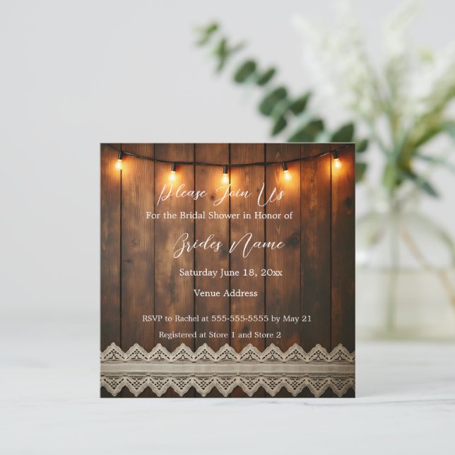Convite Rustic Wood and Lace Bridal Shower Invitation (Em pé/Frente)