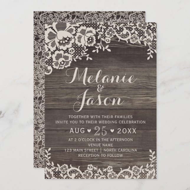 Convite Rustic Wood and Lace Wedation (Frente/Verso)