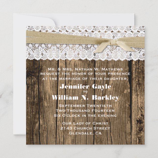 Convite Rustic Wood and Lace Wedation (Frente)