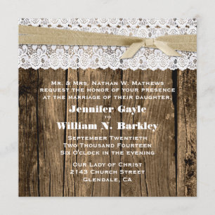 Convite Rustic Wood and Lace Wedation