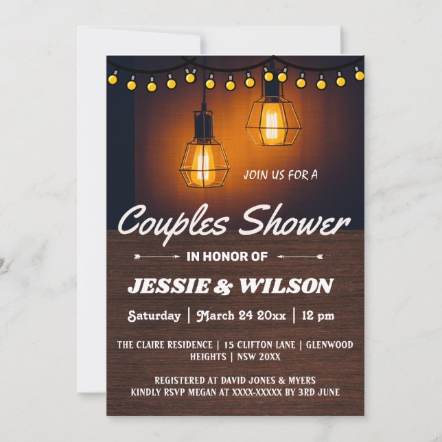 CONVITE RUSTIC WOOD AND LIGHTS COUPLES SHOWER INVITATION (Frente)