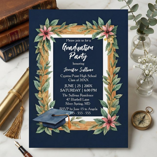 Convite Rustic Wood and Navy Blue Floral Photo Graduation (Criador carregado)