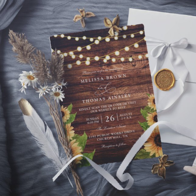 Convite Rustic Wood and Sunflower Elegant QR Code Wedding (Criador carregado)