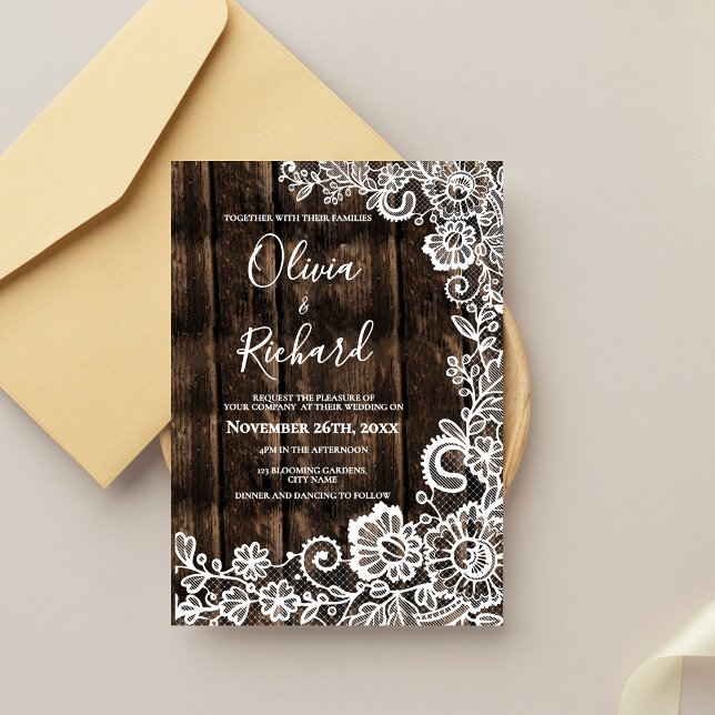 Convite Rustic Wood and White Lace Floral Wedding (Rustic Wood and White Lace Floral Wedding Invitation)