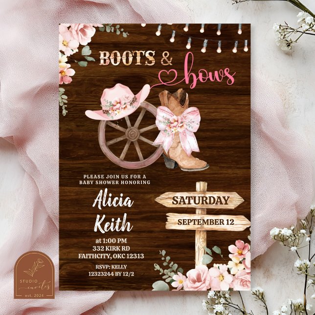 Convite rustic wood background floral boots and bows (Criador carregado)