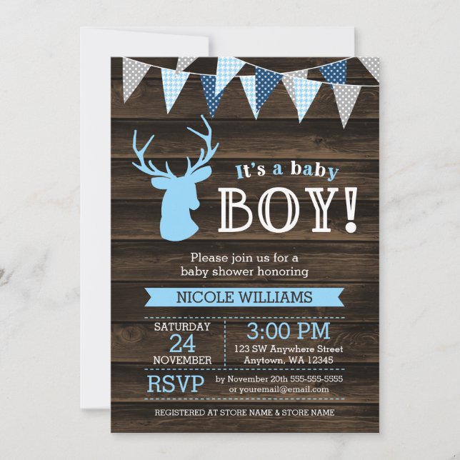 Convite Rustic Wood Blue Deer Boy Baby Shower Invants (Frente)