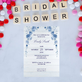Convite Rustic Wood Blue Floral  Bridal Shower Invitation