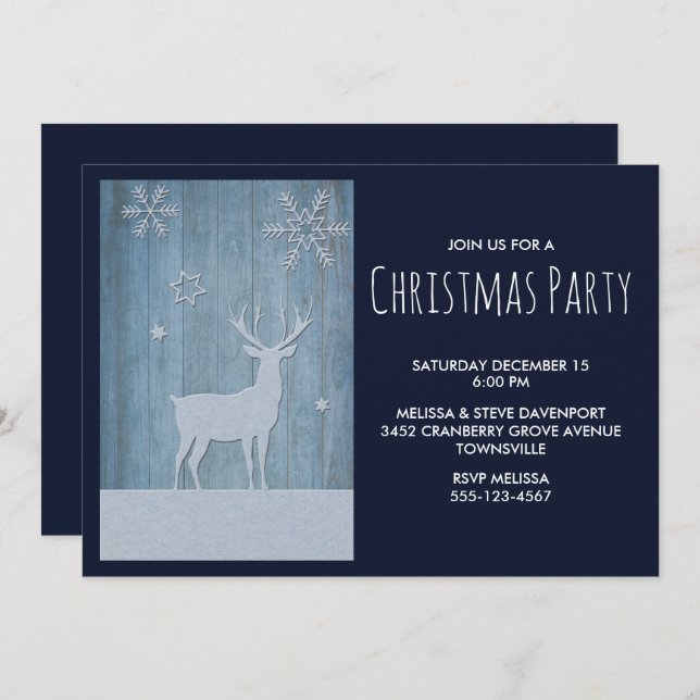 Convite Rustic Wood Blue Reindeed Natal (Frente/Verso)