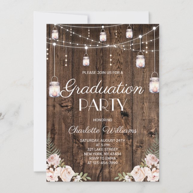 Convite Rustic Wood Blush Floral Graduation Party (Frente)