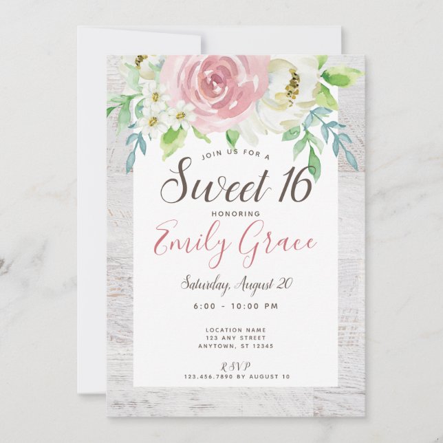 Convite Rustic Wood Boho Floral Sweet 16 Aniversário (Frente)