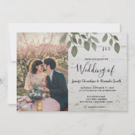 Convite Rustic wood botanical monogrammed photo Wedding