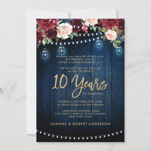 Convite Rustic Wood Burgundy Floral Mason Jar Wedding (Frente)