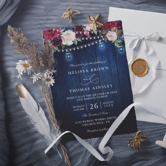 Convite Rustic Wood Burgundy Floral Mason QR Code Wedding (Criador carregado)