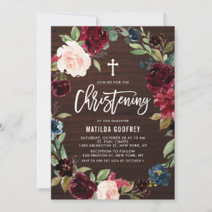 Convite Rustic Wood Burgundy Floral Wreath Christening