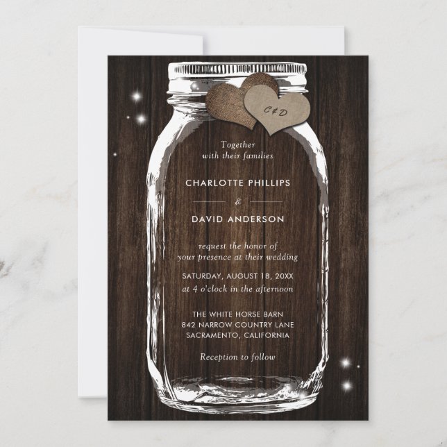 Convite Rustic Wood Burlap Hearts Mason Jar Wedding (Frente)
