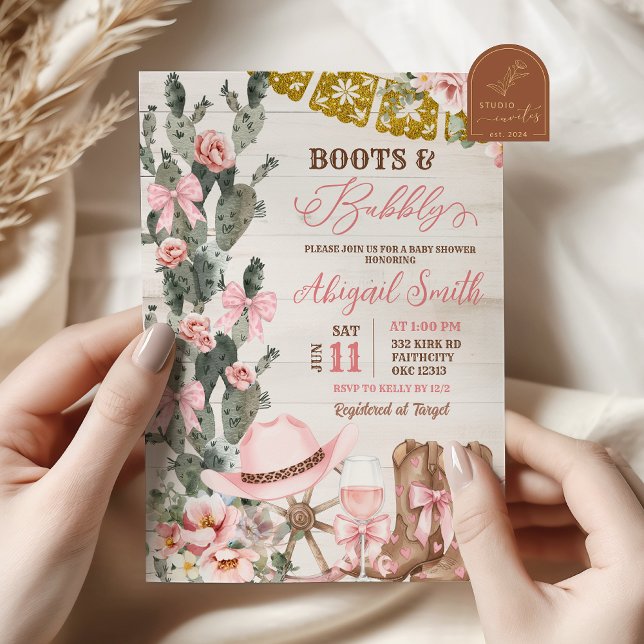 Convite Rustic Wood Cactus Boots and Bubbly Bridal Shower (Criador carregado)
