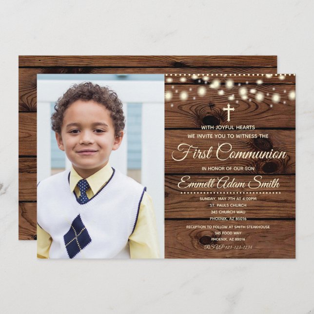 Convite Rustic Wood Country First 1rua Communion Girl Girl (Frente/Verso)