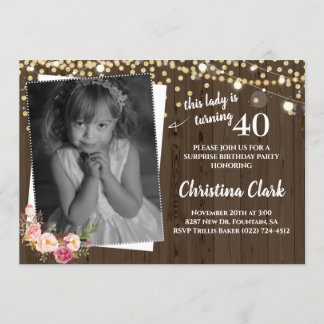 Convite Rustic Wood Custom Photo Floral Women Aniversário