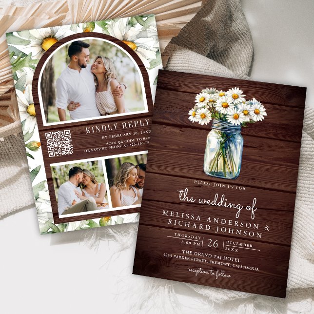 Convite Rustic Wood Daisies Mason Jar QR Code Wedding (Criador carregado)