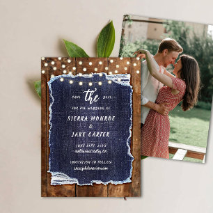 Convite Rustic Wood Denim Escrevendo Foto Casamento Data d