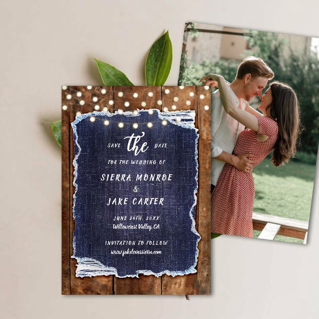 Convite Rustic Wood Denim Escrevendo Foto Casamento Data d (rustic wedding save the date cowboy barn wood denim string lights ranch country western hand written)