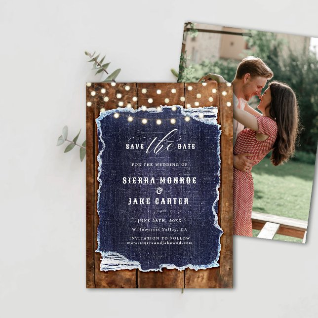 Convite Rustic Wood Denim Foto Cowboy Casamento Data de Sa (rustic wedding save the date cowboy barn wood denim string lights ranch country western backyard)