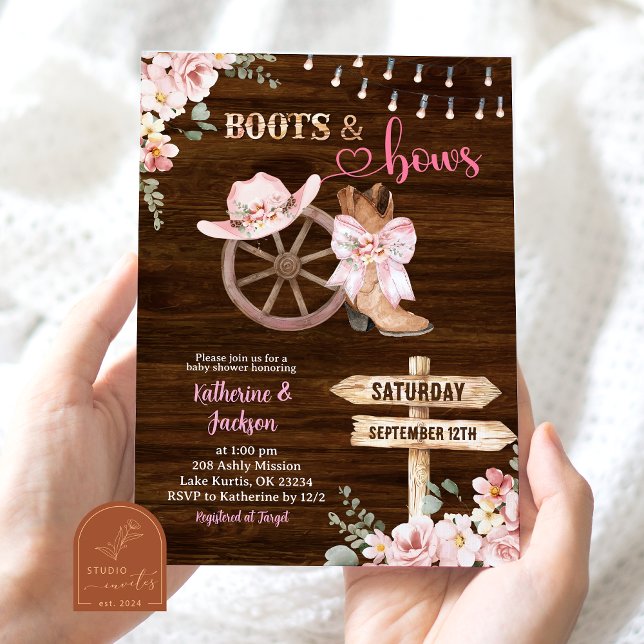 Convite Rustic Wood Floral Boots and Bows Baby Shower (Criador carregado)