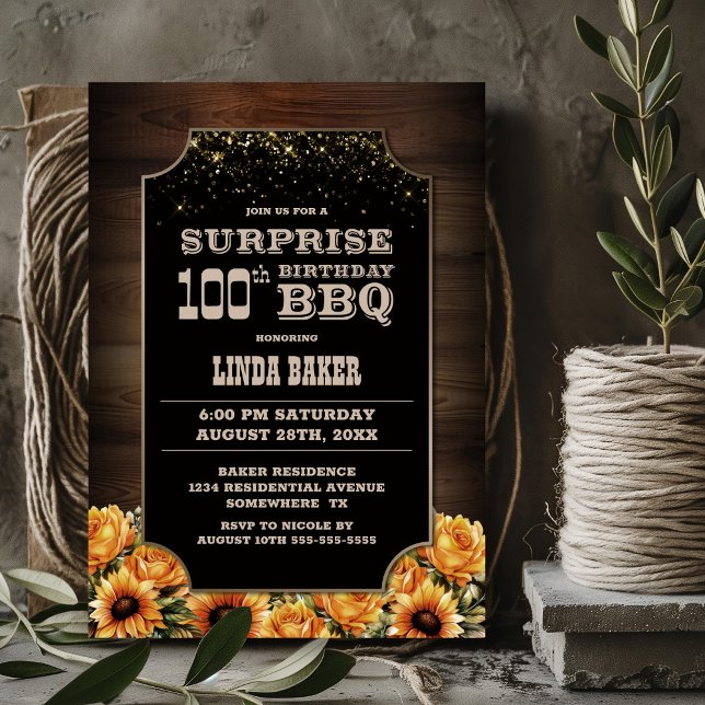 Convite Rustic Wood Floral Surprise 100º CHURRASCO de Aniv (Criador carregado)