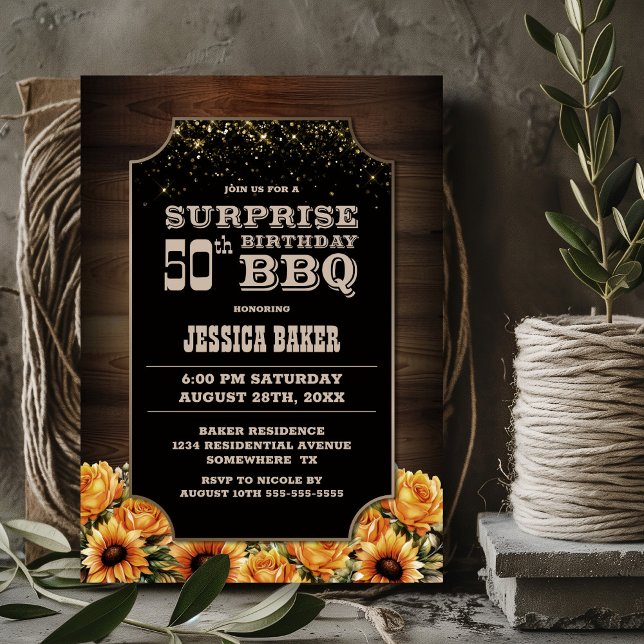 Convite Rustic Wood Floral Surprise 50th Birthday CHURRASC (Criador carregado)