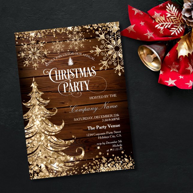 Convite Rustic Wood Gold Glitter Corporate Christmas Party (GLITER GOLD CHRISTMAS TREES ON THE WOOD BACKGROUND,  CHRISTMAS PARTY INVITATION)