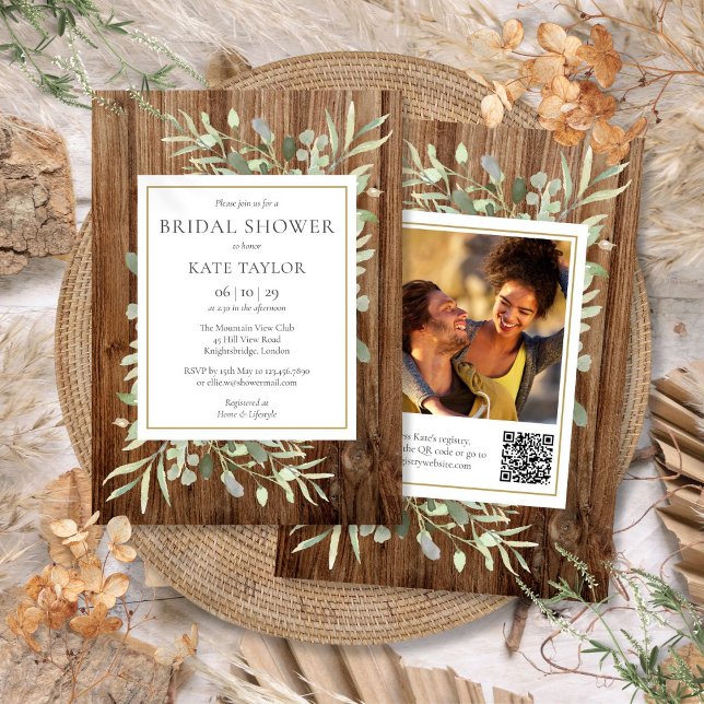 Convite Rustic Wood Greenery Código QR Chá de panela Fotog (Rustic Wood Greenery QR Code Photo Bridal Shower Invitation)