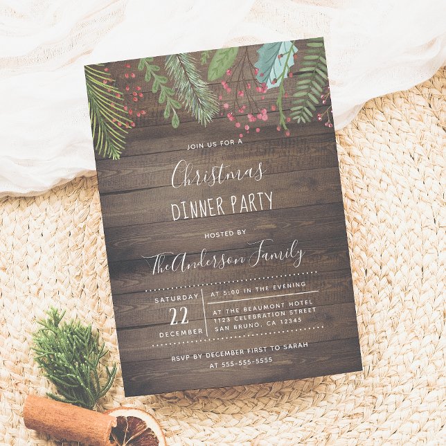 Convite Rustic Wood Holly & Pine Holiday Party Invitation (Criador carregado)
