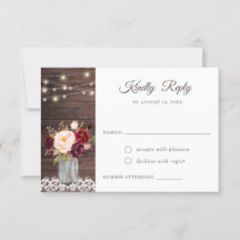 Rustic Wood Lace Blush Burgundy Mason Jar RSVP