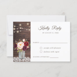 Convite Rustic Wood Lace Blush Burgundy Mason Jar RSVP