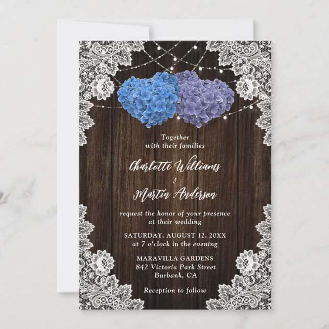 Convite Rustic Wood Lace Purple and Blue Floral Wedding (Frente)