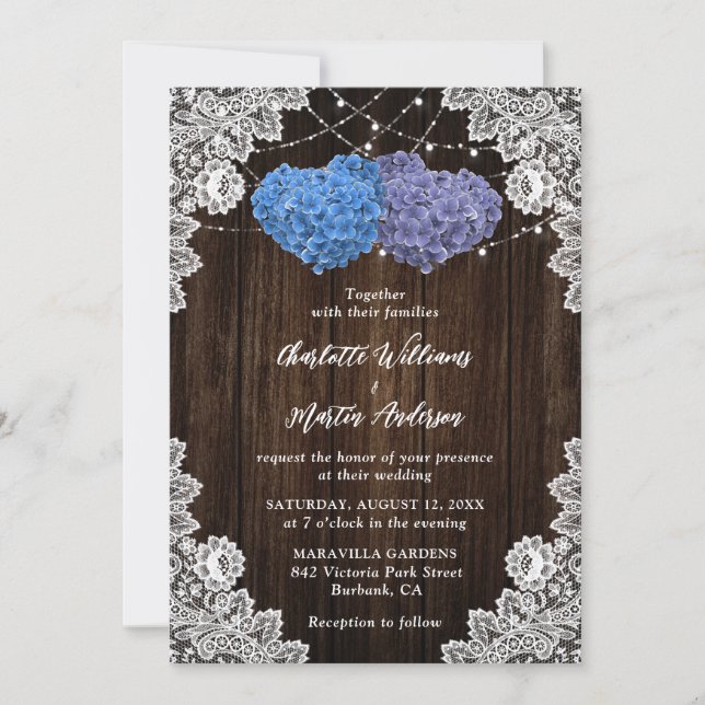 Convite Rustic Wood Lace Purple and Blue Floral Wedding (Frente)