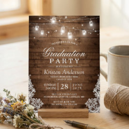 Convite Rustic Wood Lace String Lights Graduation Party