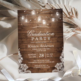 Convite Rustic Wood Lace String Lights Graduation Party