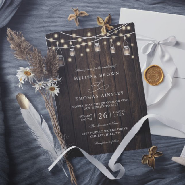 Convite Rustic Wood & Lights Country Chic QR Code Wedding (Criador carregado)