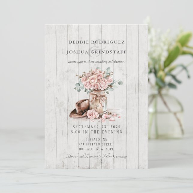 Convite Rustic Wood Mason Jar Floral Wedding Invitation  (Em pé/Frente)